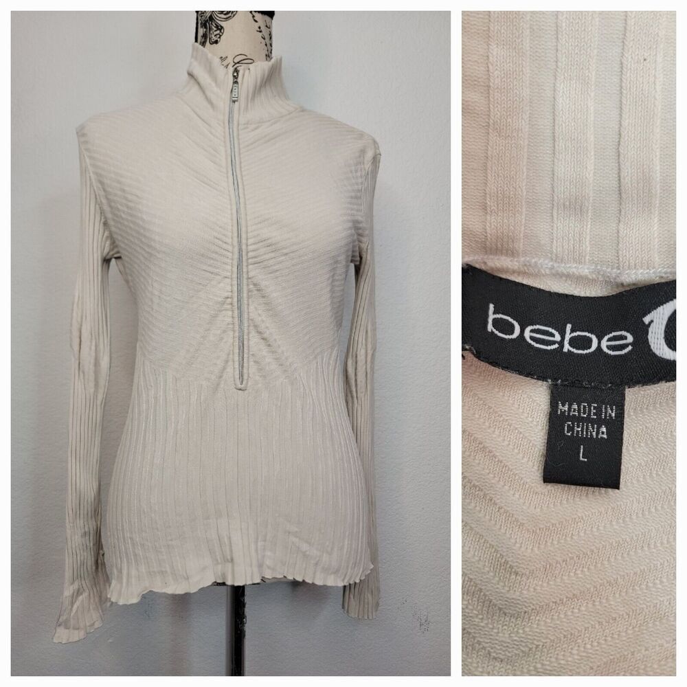 Bebe Sweatshirt Top Women's Large Ribbed Zip Up Long Sleeves Stretch VTG 90s Y2K